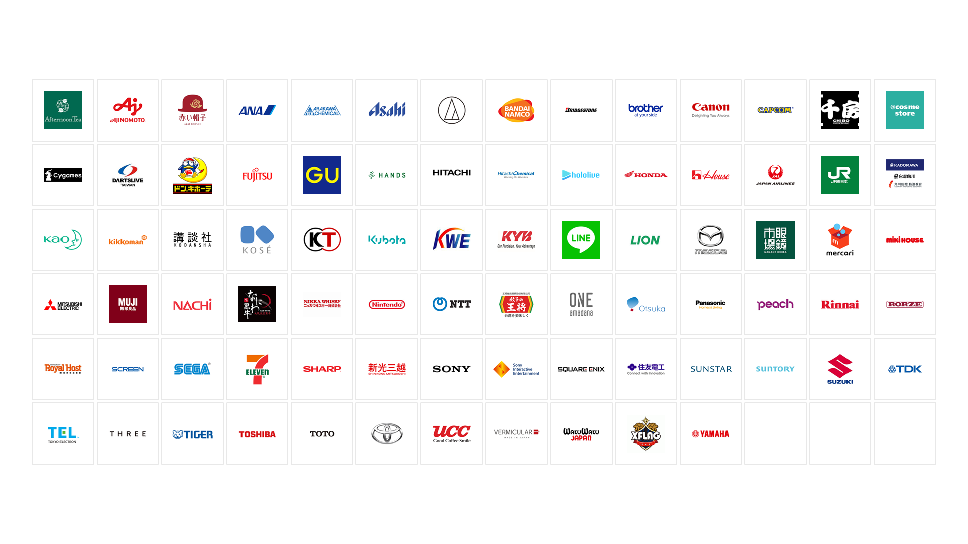 中日文主持人劉宇彤Haruka合作日本品牌一覽，共81個品牌，包含SONY、Panasonic、TOYOTA、MAZDA、HONDA、SUZUKI、YAMAHA、SUNTORY、Asahi朝日、Kao花王、TIGER虎牌、MUJI無印良品、LINE、Nintendo任天堂、SEGA、SQUARE ENIX、JAL日本航空、ANA全日空等